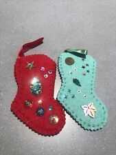 Christmas Ornaments Felt Stockings Colorful Sequins Tree Set Of 2 Vintage picture