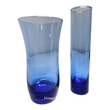 Libbey Cobalt Blue Glass Bud Vase Set of 2  Flared Hourglass & Cylinder Vtg Lot picture