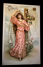 Angel of Charity with Cross~Star~Flowers~Antique Embossed Greeting Postcard~h914 picture