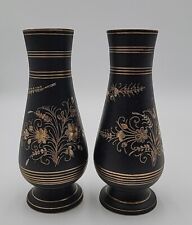 Antique 1920s Pair Of Black Metal Bud Vases Gold Inlay 6