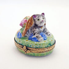 New French Limoges Trinket Box Tiger Striped Tabby Kitty Cat under Amazing Hat picture