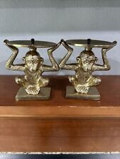 Gold Metal Monkey Candle Holders Pair Set Of 2 Two 4” X 5” Inch Monkeys Rare picture