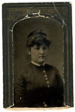 CIRCA 1880'S Paper Framed Hand Tinted ID'd TINTYPE Beautiful Woman Button Dress picture