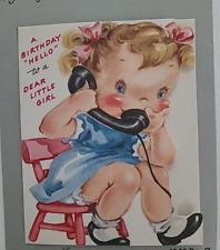 1953 Vtg BIRTHDAY Hello LITTLE GIRL w Old TELEPHONE Unused Salesman Sample CARD picture