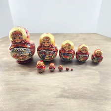 VTG Russian Matryoshka 5” Nesting Dolls 10 Piece Signed Winter Village Red Gold picture