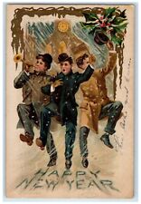 c1910's New Year Boy Singing Clock Winter Scene Mankato Minnesota MN Postcard picture