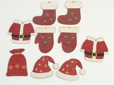 Christmas ornaments lot of 9 flat wooden Santa hat suit mittens boots painted picture