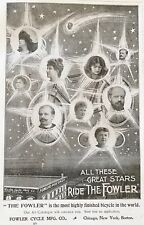 1896 FOWLER CYCLE Vtg Print Ad~Theater Stars Sarah Bernhardt,Eugen Sandow,Melba+ picture