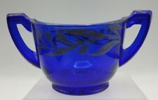 Vintage Cobalt Blue Glass Open Sugar Bowl Sterling Silver Overlay Double Handle picture