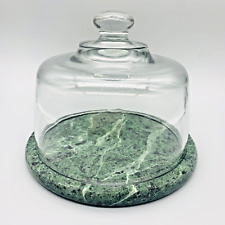 Green Marble Round Cheese Keeper Board Tray w/Glass Dome Cloche picture