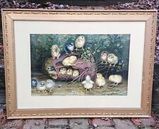 Antique Framed Ben Austrian Chromolithograph 1908 Chicks In A Tin Can picture