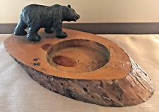 Vintage Rustic Carved Bear on Wood Slab Ashtray Holder 9-1/2