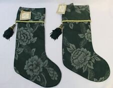 Pair 2 New Vintage Damask Christmas Stockings Marseille Collection Green Tassel picture