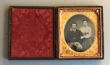 Atq 1860's Tintype Photograph Portrait of Young Couple 1/6 Plate Leather Case picture