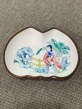 Vintage Antique Chinese Cloisonne Trinket Dish w/ Woman Holding Fan picture