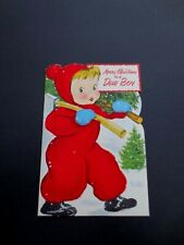 #K696- Vintage Unused Flocked  Xmas Greeting Card Boy Cutting Down Tree picture