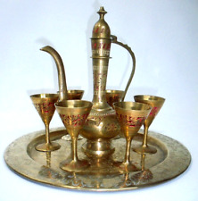 Vtg Turkish Ottoman 8-Piece Engraved Brass Teapot, Tray, & 6 Cordial Cups Set picture