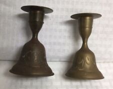 Vintage Pair of BRASS Candle Stick Holder Bells Etched Made in  India picture