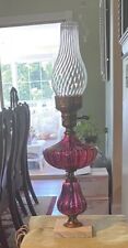 Vintage Striped Cranberry Glass Table Lamp w Spiral Chimney & Marble Base picture
