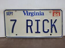 1984 Virginia VANITY 7 RICK License Plate Tag Original. picture
