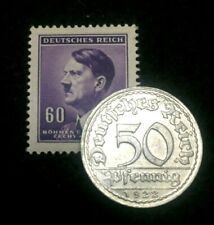 Rare Antique German 50 Pfenning 1920s Coin & Unused Blue Stamp WW1 & 2 Artifacts picture
