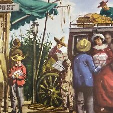 Vintage Mid Century Christmas Greeting Card Trading Post Townspeople Wagon picture