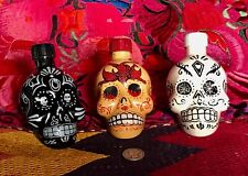 Lot of 3 EMPTY KAH TEQUILA Hand Painted Day of the Dead Skull Head Bottles 50 ML picture