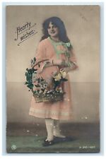 1907 Hearty Wishes Girl With Basket Flowers Studio Portrait RPPC Photo Postcard picture