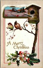 Vintage 1910's Cabin Cottage Scene Bird House Embossed Merry Christmas Postcard picture