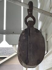 Vintage Wood Block & Tackle Double Metal Pulley Barn Hook Large Heavy  picture