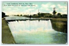 c1910s Locks Overflowing Dock Bridge Scene Sault Ste. Marie Michigan MI Postcard picture