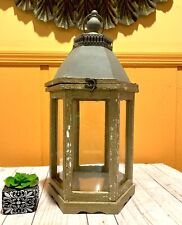Beautiful Vtg Farmhouse Style Rustic Lantern Wood And Metal Pillar Candle Holder picture