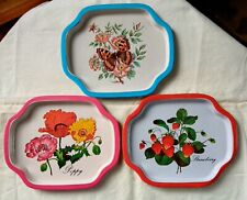 Vintage 1980s Lot Of 3 Metal Trays Tea Time Snack, Butterfly, Poppy, Strawberry picture