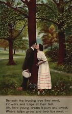 Vintage Postcard 1909 Beneath The Trysting Tree They Meet Romance Kissing Scene picture