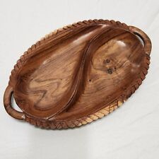 Vintage MCM Hand Carved Sheesham Wood Divided Tray 12