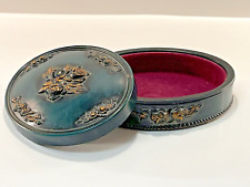 Vintage Carved Wooden Floral Jewelry/Trinket Box with Lid Felt Green Black Gold picture