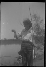 Vintage   Negative Black & White Young Women Lady Fishing Caught Fish 2.5 x 3.5 picture