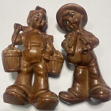 Vintage Boys Figurines Made in Hong Kong Brown Faux Wood Finish picture