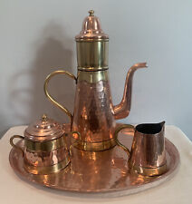 VTG Flemish Copper Brass Coffee Tea Pot w Infuser, Creamer, Sugar, & Copper Tray picture