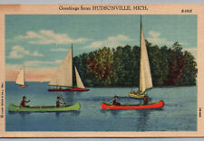 Hudsonville Michigan Postcard Greetings from Lake Scene Boats Canoe MI Linen old picture