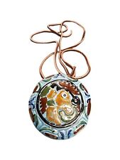 Vtg Tonala Mexican Pottery Pendant Necklace Blue Disc Face Signed Leather Strap picture