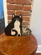 Vintage Wood Cats Folk Art Display Tuxedo and Tabby Rare Cute  picture