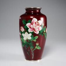 Japanese Cloisonne Pigeon Blood Red Rose Akasuke Vase Ando Showa Period Vtg 8.5