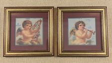 2 Vtg HOME INTERIORS Angels Cherubs 7.5” Framed Pictures Harp Horn Made in USA picture