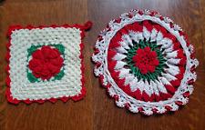 2 Vintage Fancy Red, Green and Ivory Doilies  Round and Square picture