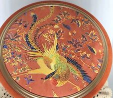 Vintage Fabric Covered Wooden Round Box  Embroidered Flowers Bird Lid 10 Inches picture