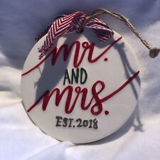 Mr & Mrs 2018 Christmas Ornament Ceramic Red And Green Striped Ribbon 4” picture