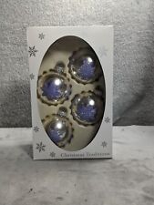 4 Vintage Glass Christmas Ornaments Silver With Blue Snowflakes picture