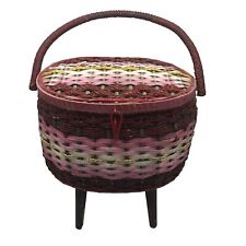 VINTAGE RARE FOOTED WICKER SEWING BOX Pink And Red picture