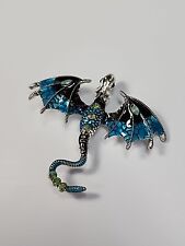 Dragon Brooch Pin Pendant Blue with Faceted Faux Gems Crystals Sparkly picture